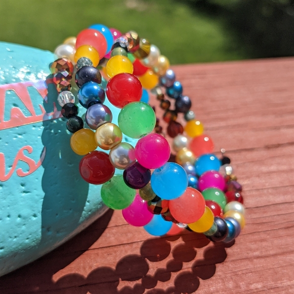 Jasper Beads Bracelet Colorful Rainbow Handmade Memory Wire Jewelry Bright Color - Picture 10 of 11